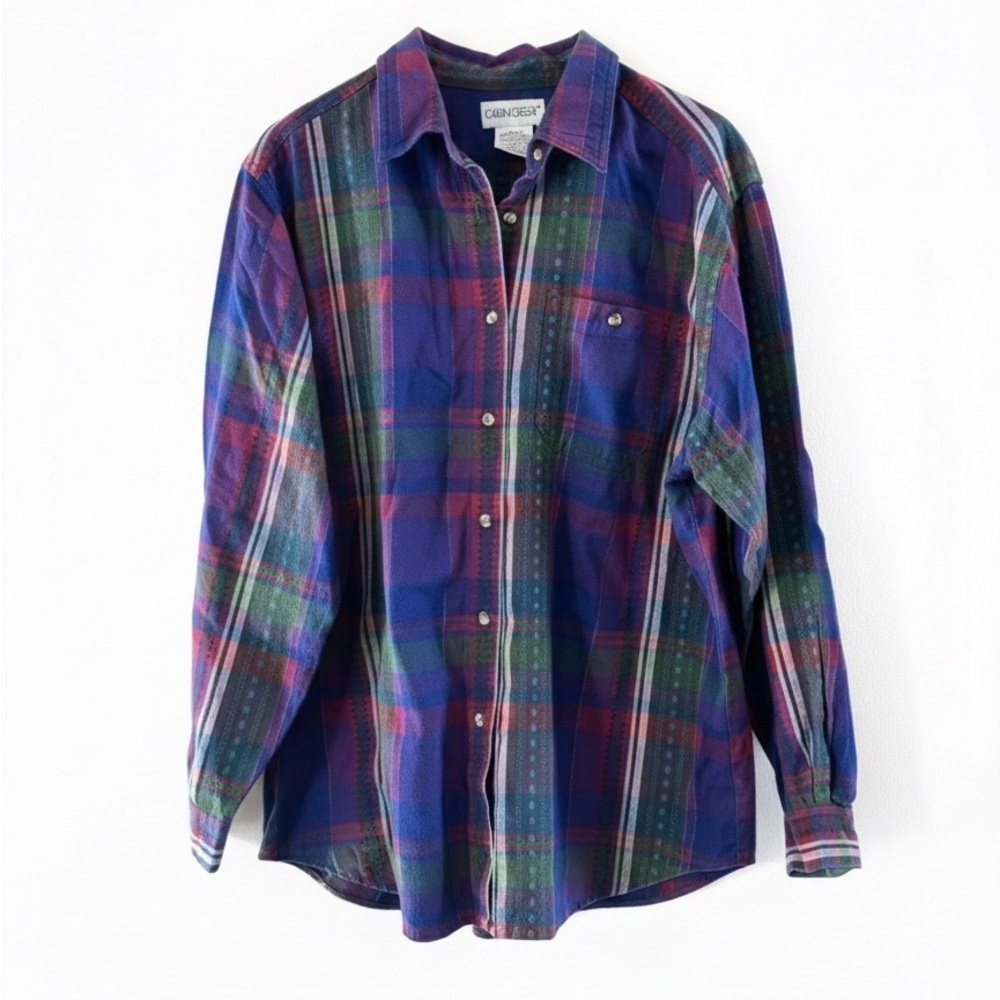 Vintage Cabin Creek Plaid Button Up Shirt Purple Green 100% Cotton Size XL